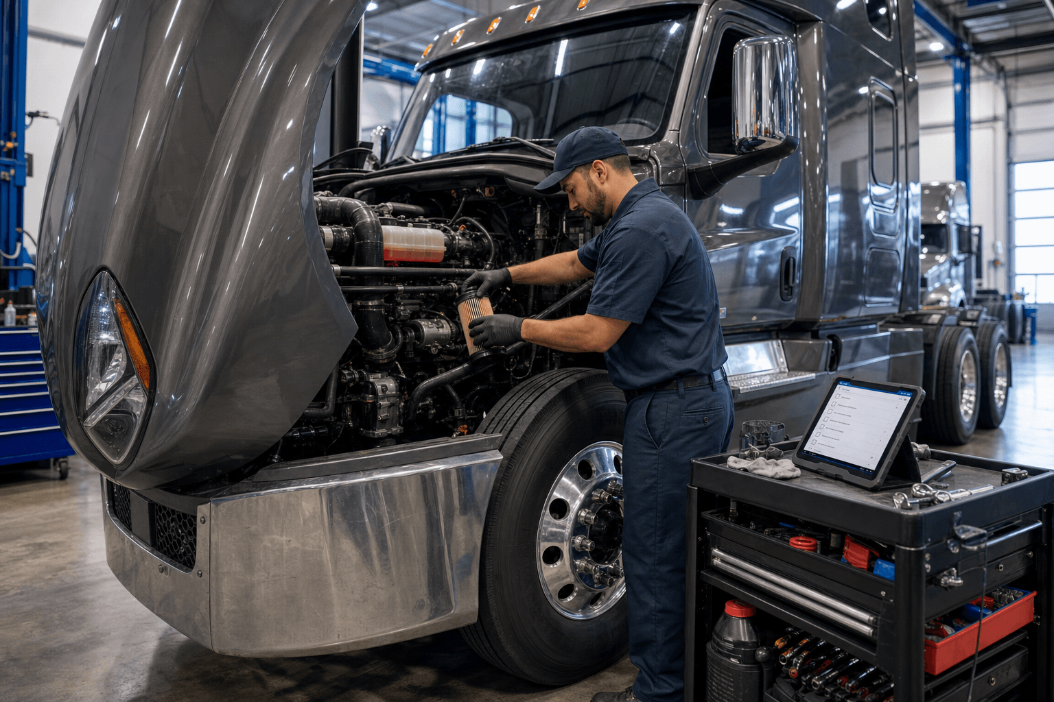 Technician servicing a diesel engine with a digital checklist on a shop tablet beside him